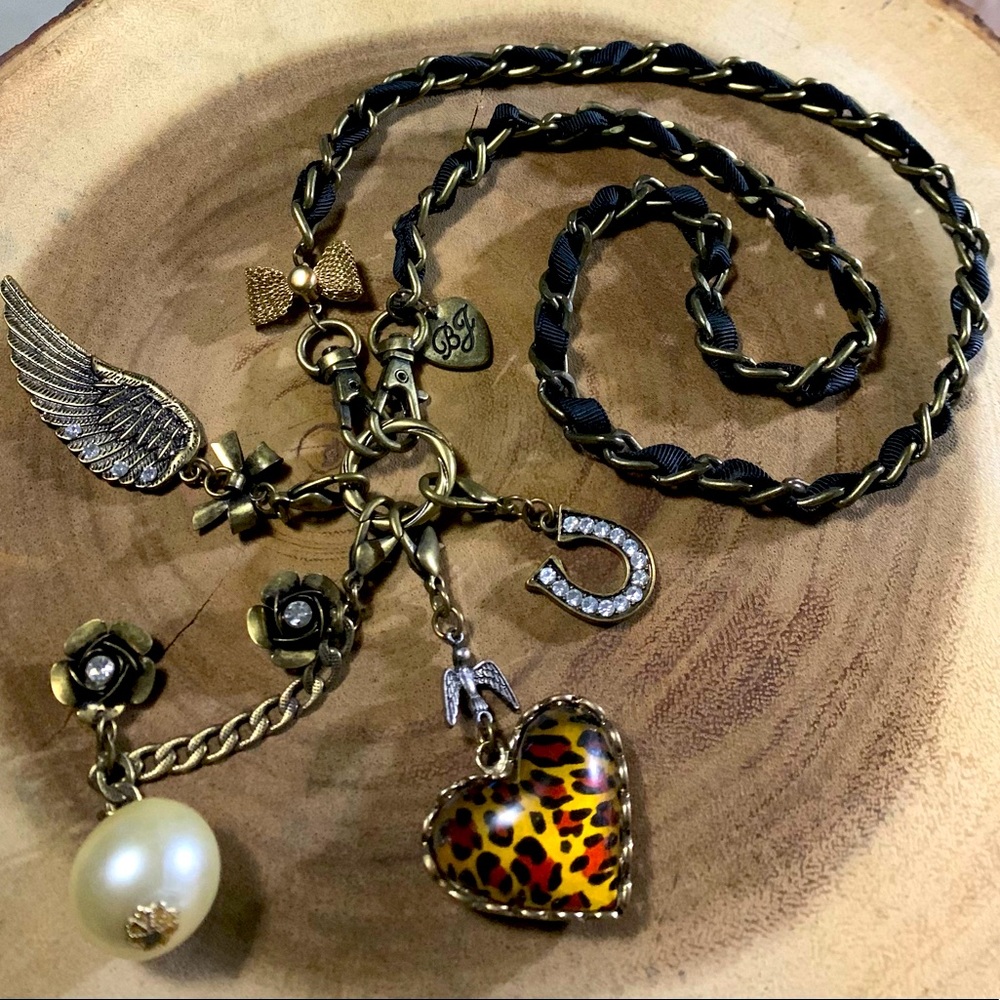 Betsy Johnson Antiqued Bronze Chain Link Charm Necklace Black Ribbon Leopard